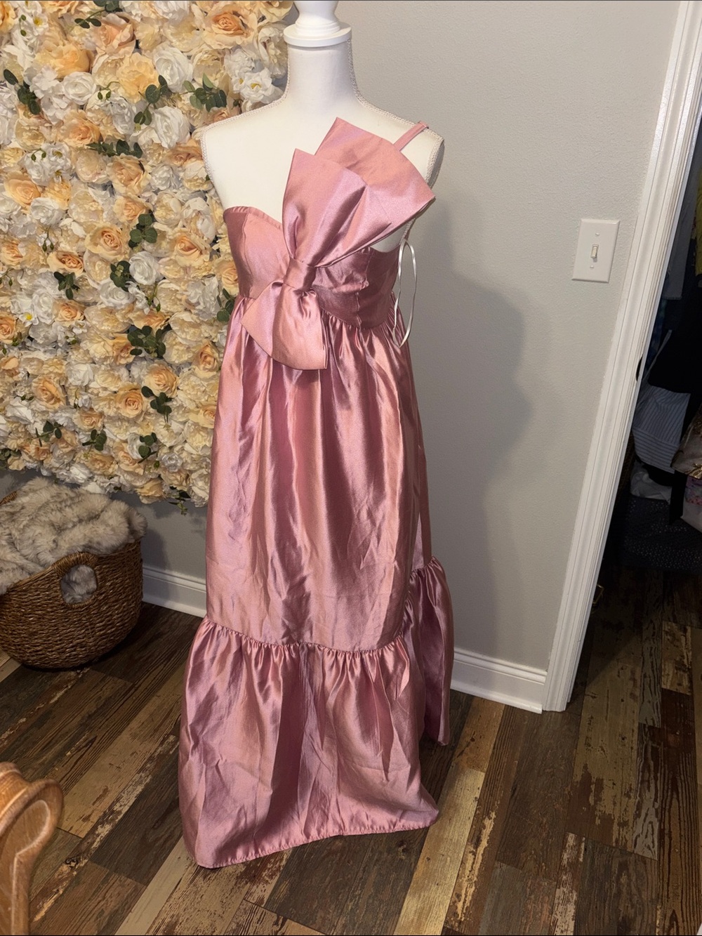 One-Shoulder Pink Satin Dress with Bow Detail new prom or shower